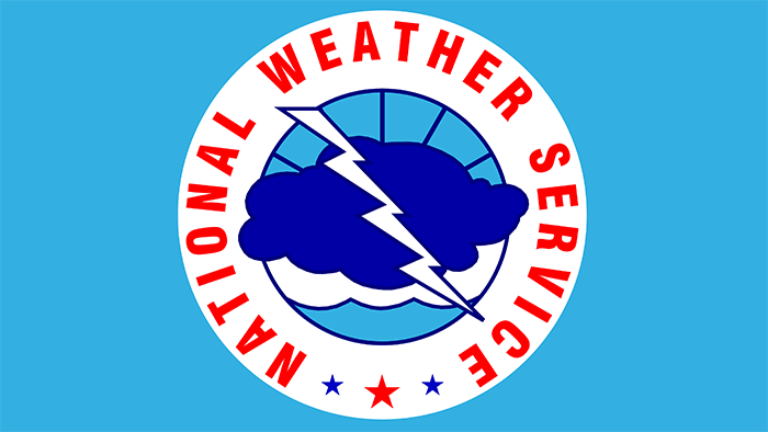 Logo of the National Weather Service with a lightning bolt through a dark cloud inside a red, white, and blue circle.