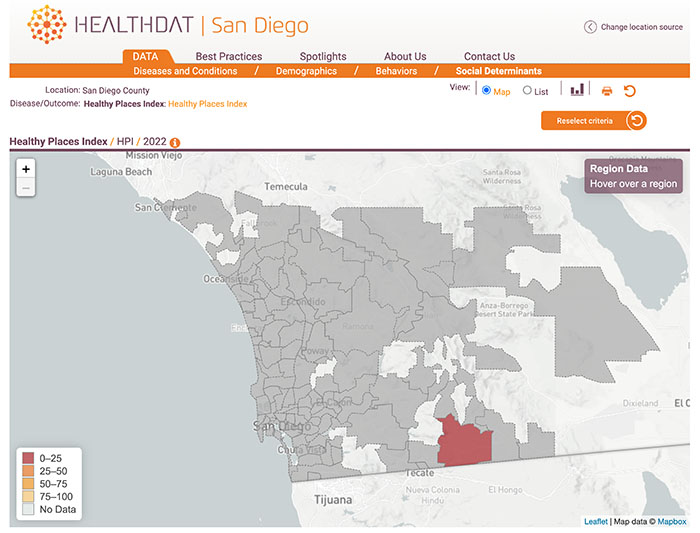 Map of San Diego County showing the 2022 Healthy Places Index with color-coded regions ranging from lowest to highest HPI scores.